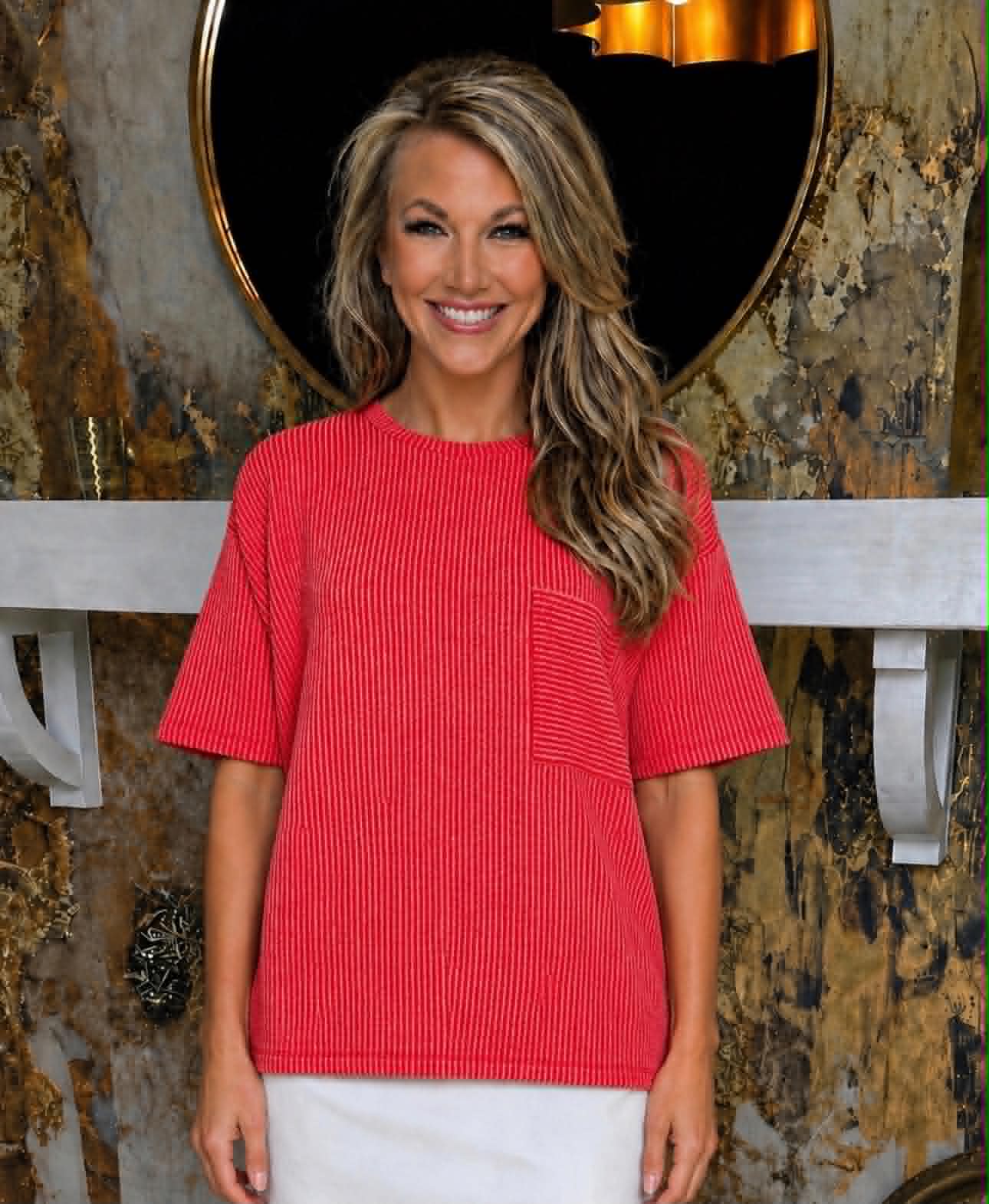 Ruby Raised Rib Short Sleeve Front Pocket Top
