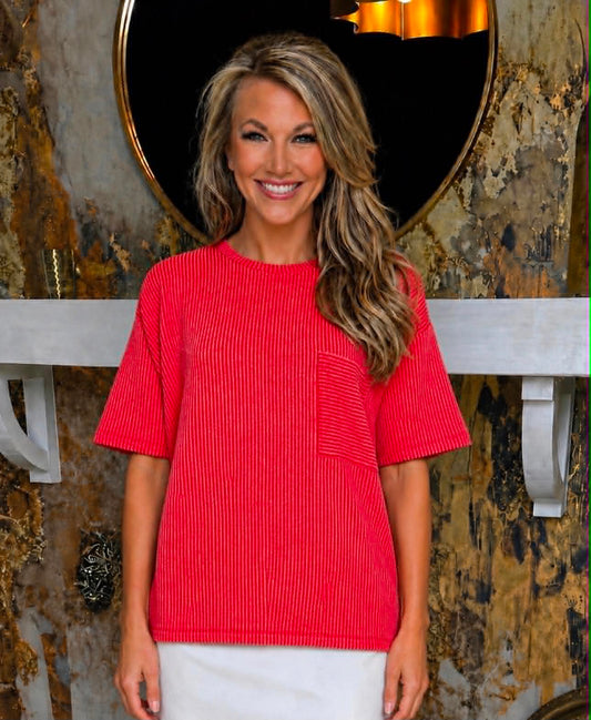 Ruby Raised Rib Short Sleeve Front Pocket Top