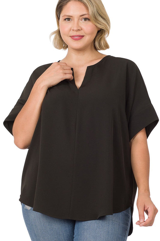 Plus Black Split Neck Short Sleeve Top