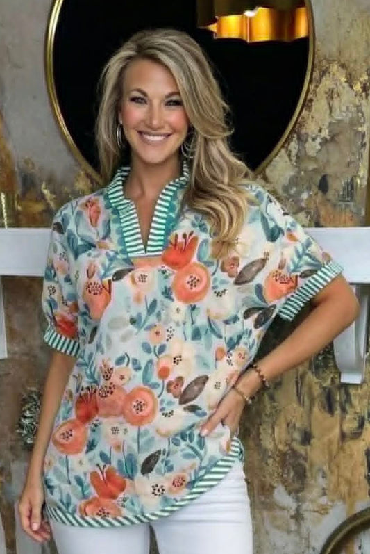 Green Mix Floral Mock-neck Top