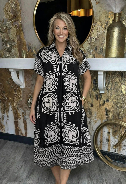 Black Mixed Print Short Puff Sleeve Midi Dress