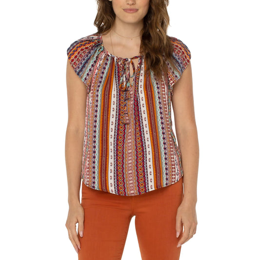 Liverpool Los Angeles  Petal Sleeve Woven Top with Neck Ties
