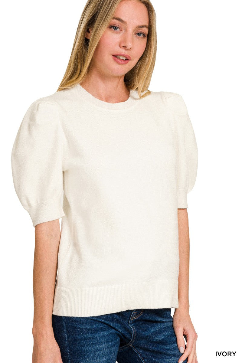 Ivory Viscose Puff Short Sleeve Sweater