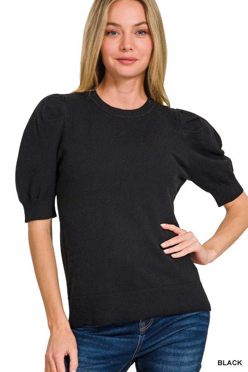 Black Viscose Puff Short Sleeve Sweater
