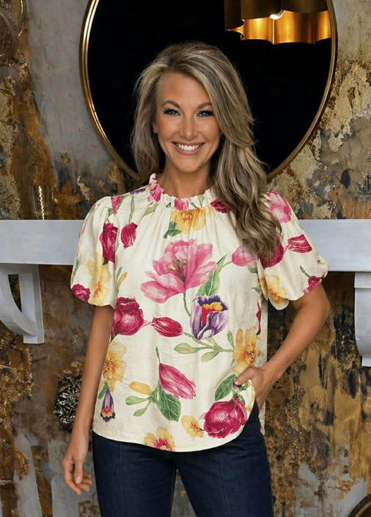 Cream Floral Print Top