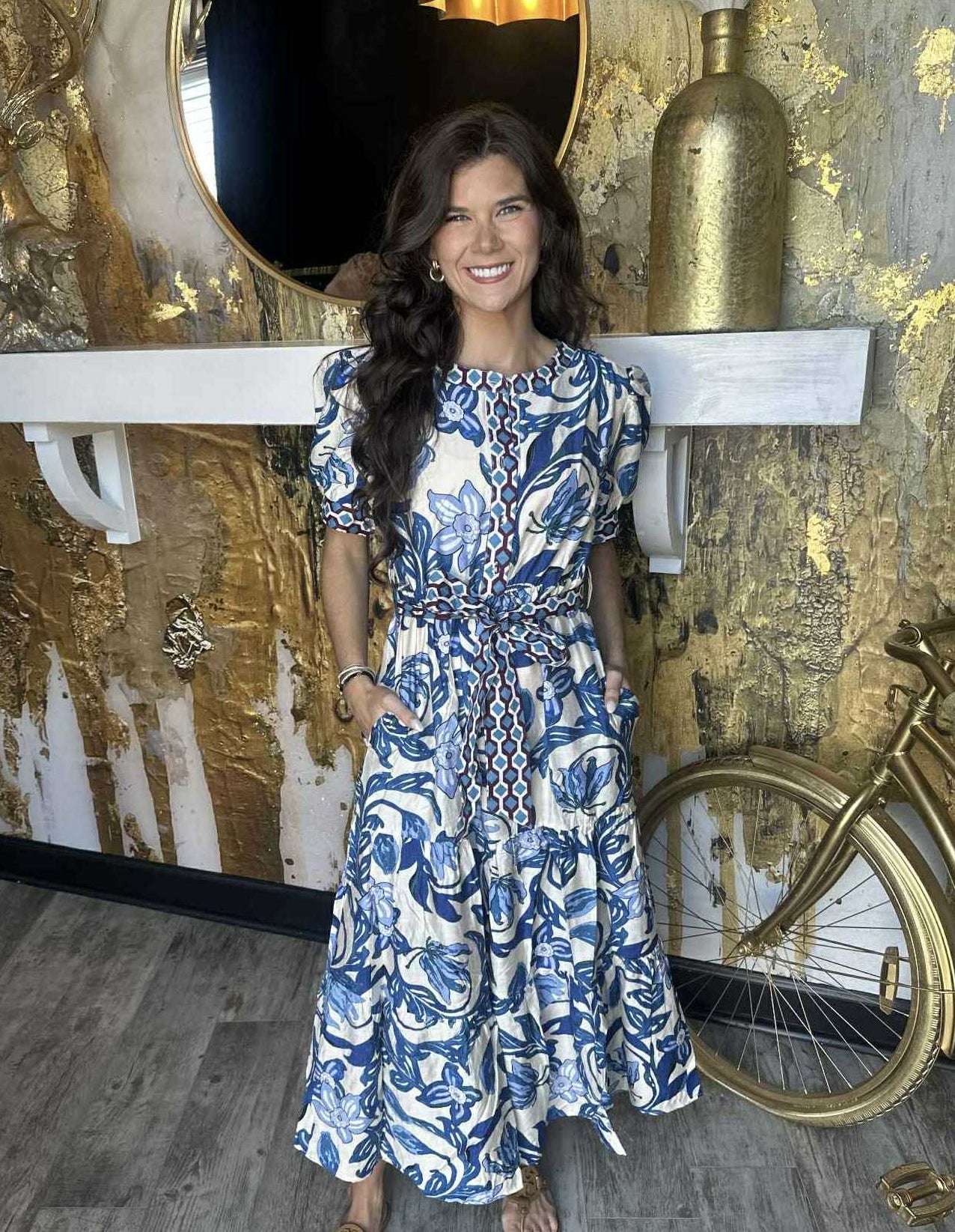 Cobalt Floral Print Tiered Half Button Dress