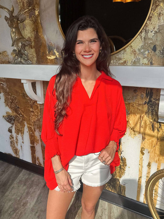 Tomato Airflow Collar Tee With Smocked Sleeve Band Top