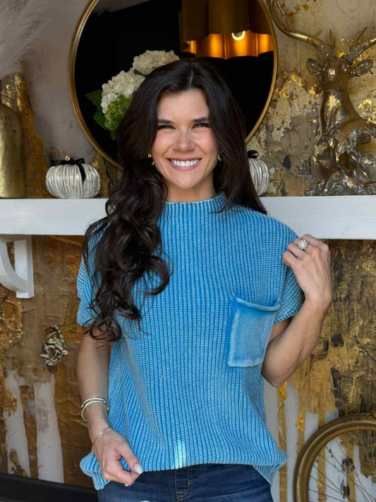 Deep Sky Washed Mock Neck Short Sleeve Sweater