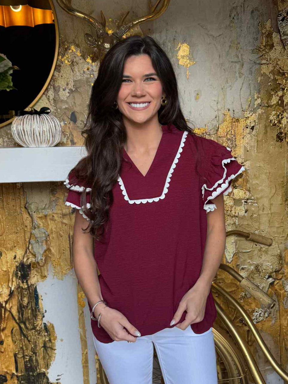Burgundy and White Game Day Ruffle Sleeve Scallop Trim Top
