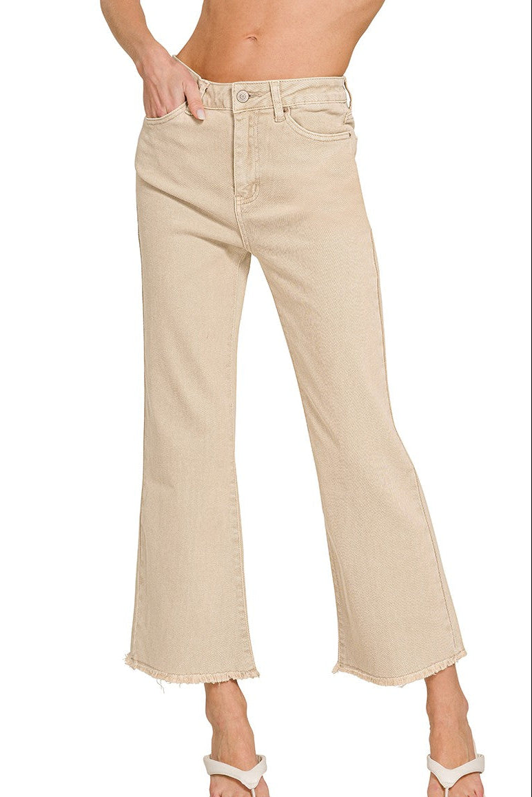 Sand Beige Acid Washed High Waist Frayed Hem Bootcut Pants