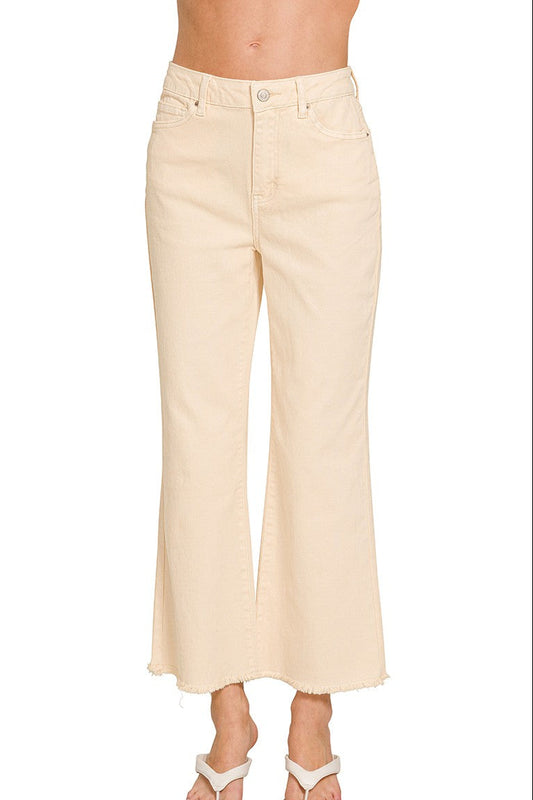 Cream Beige Acid Washed High Waist Frayed Hem Bootcut Pants