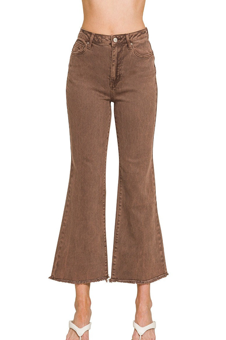 Mahogany Acid Washed High Waist Frayed Hem Bootcut Pants