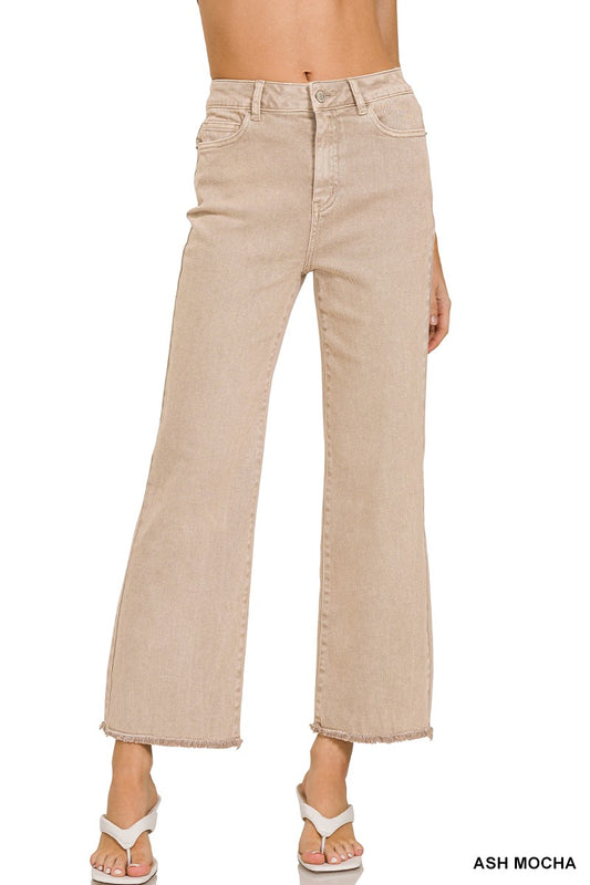 Ash Mocha Acid Washed High Waist Frayed Hem Bootcut Pants