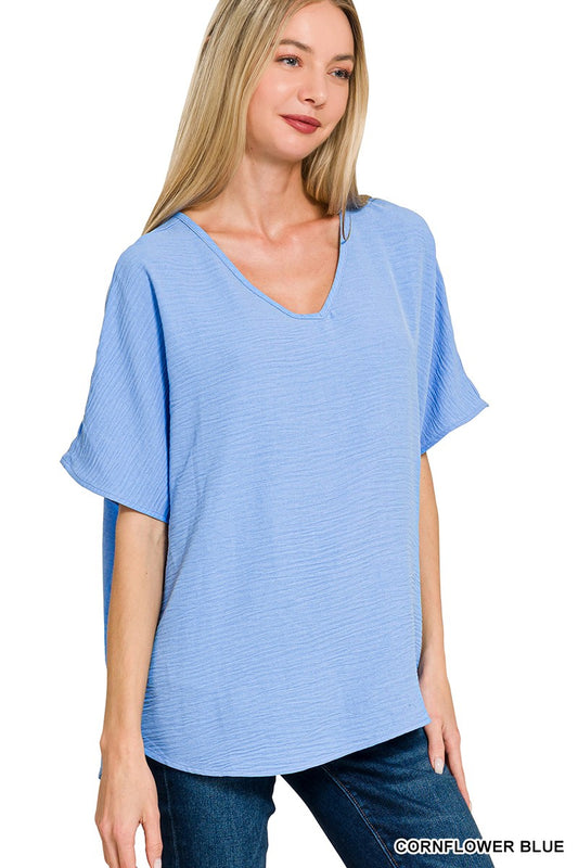 Cornflower Blue Woven Airflow V-neck Short Sleeve Top