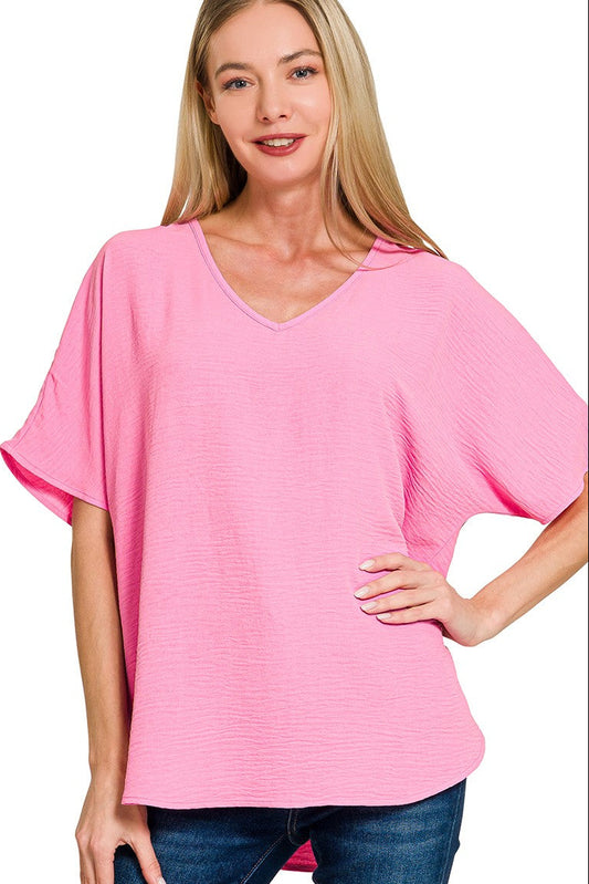 Candy Pink Woven Airflow V-neck Short Sleeve Top