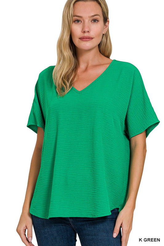 Kelly Green Woven Airflow V-neck Short Sleeve Top