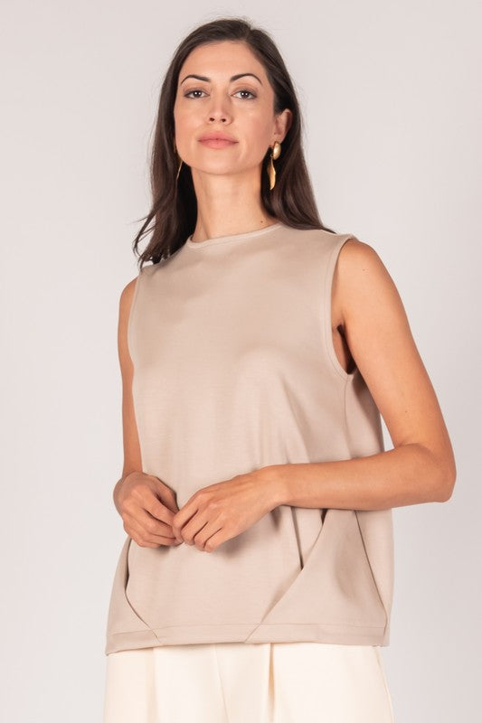 P. Cill Scuba Butter Modal Sleeveless Pintuck Detail Top