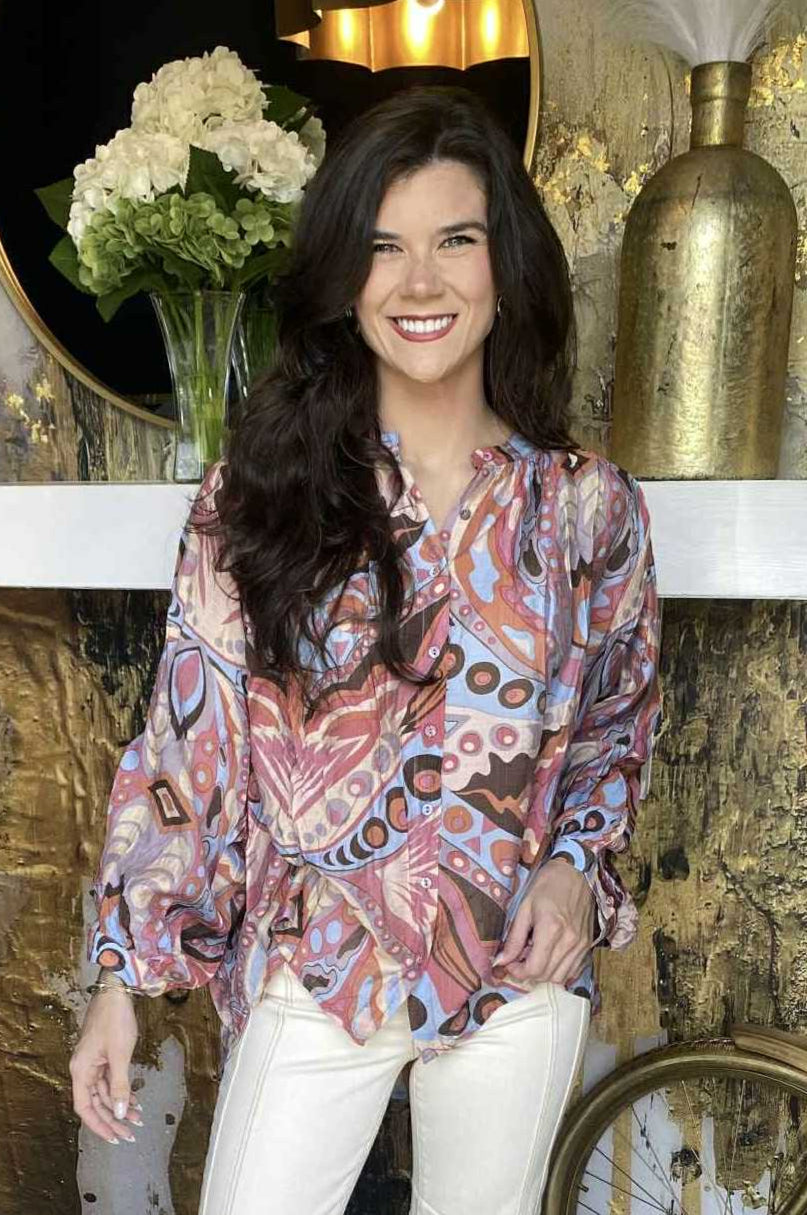 Blue & Pink Printed Loose Fit Button Down Blouse