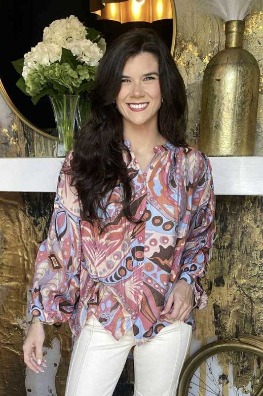 Blue & Pink Printed Loose Fit Button Down Blouse