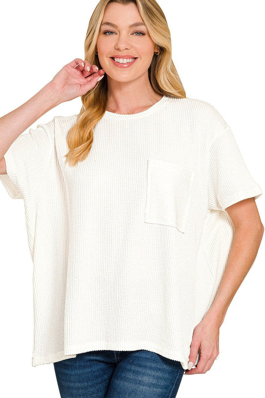 White Raised Rib Short Sleeve Front Pocket Top