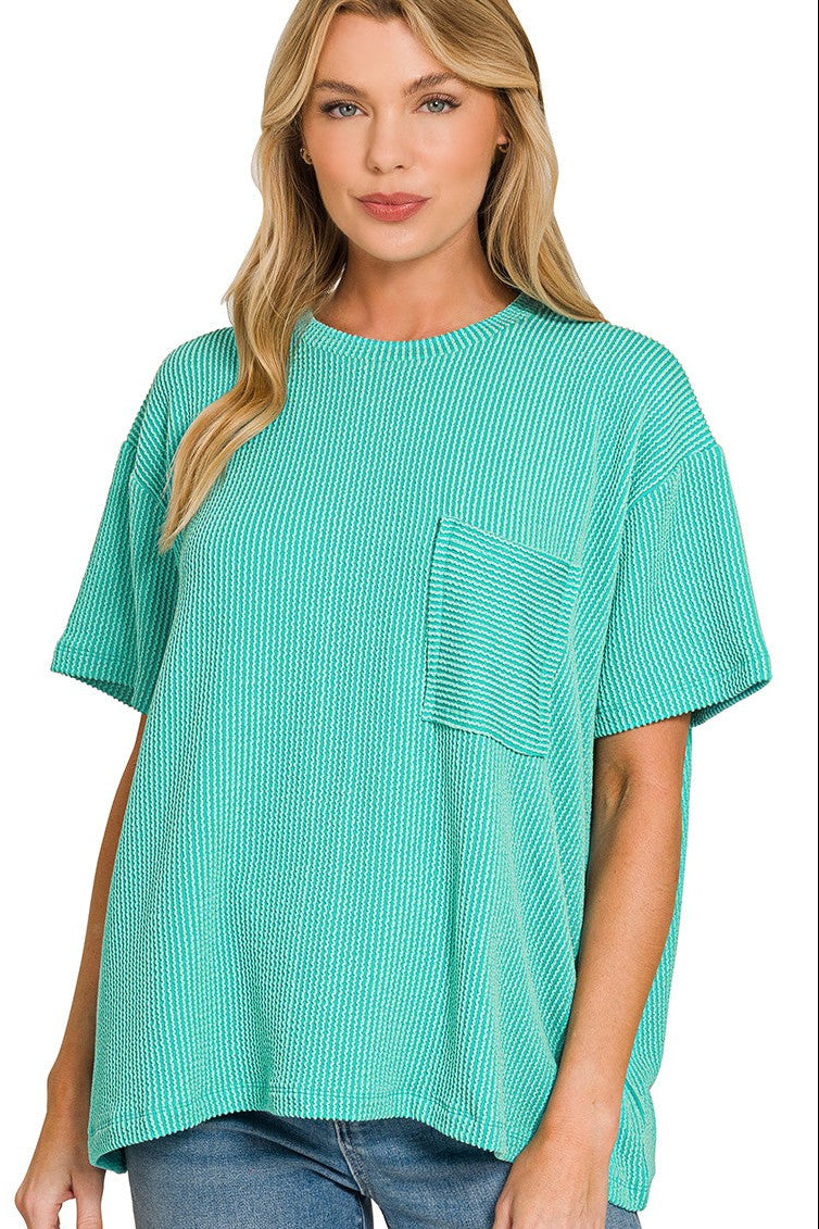 Turquoise Raised Rib Short Sleeve Front Pocket Top