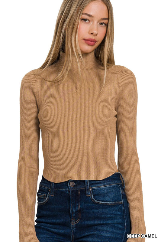Sand Beige Ribbed Cropped Curved-hem Turtleneck Sweater