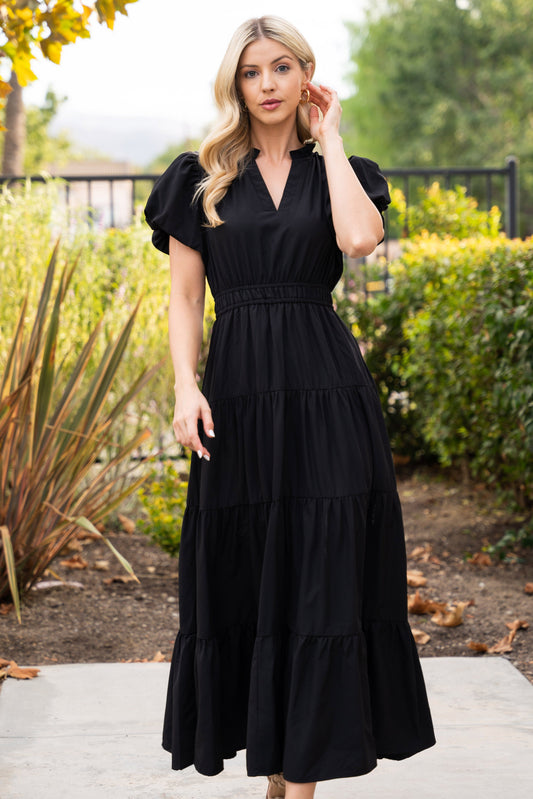 Black Solid Puffed Dress