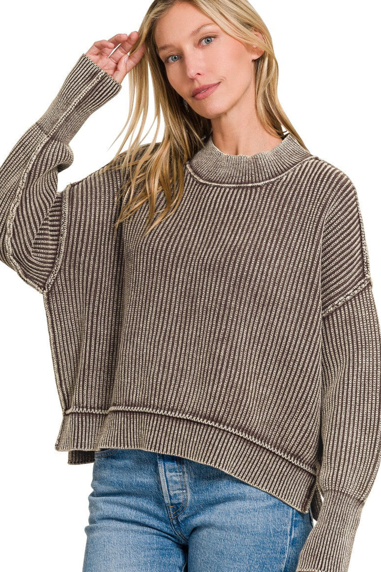 Brown Washed Side Slit Oversized Cropped Sweater