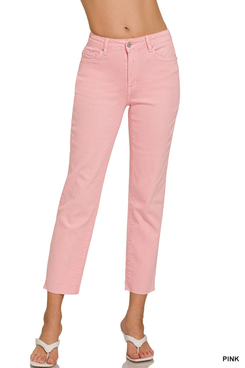 Pink Acid Washed High Waist Cropped Straight Pants