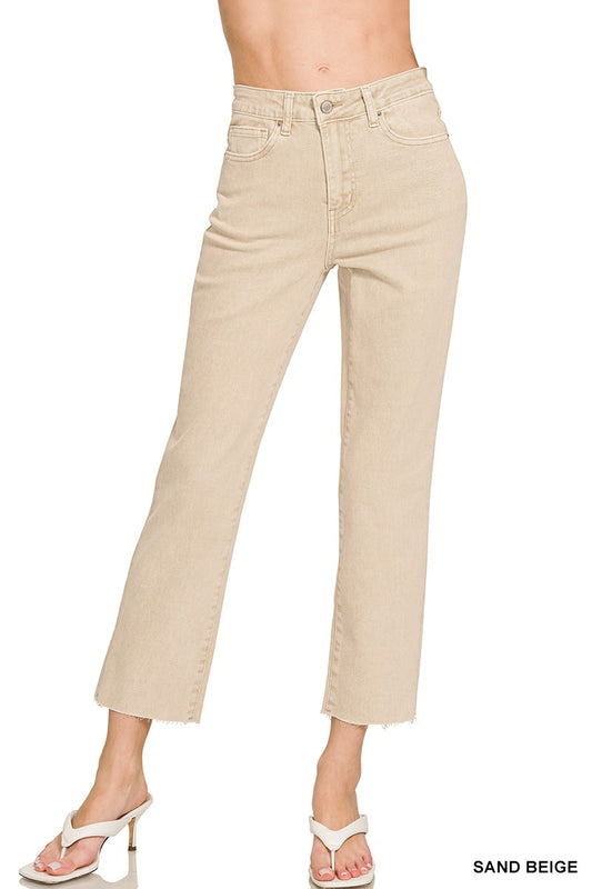 Sand Beige Acid Washed High Waist Cropped Straight Pants