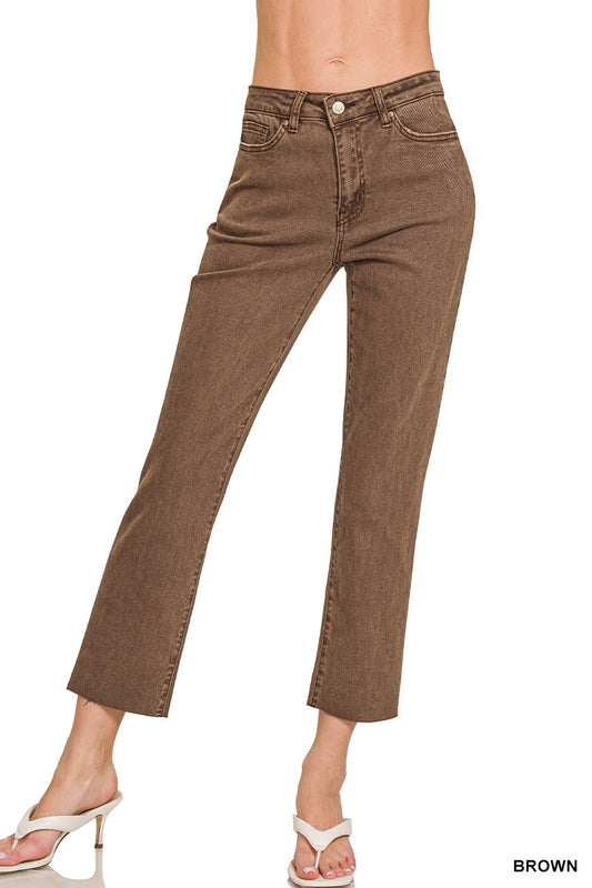 Brown Acid Washed High Waist Cropped Straight Pants