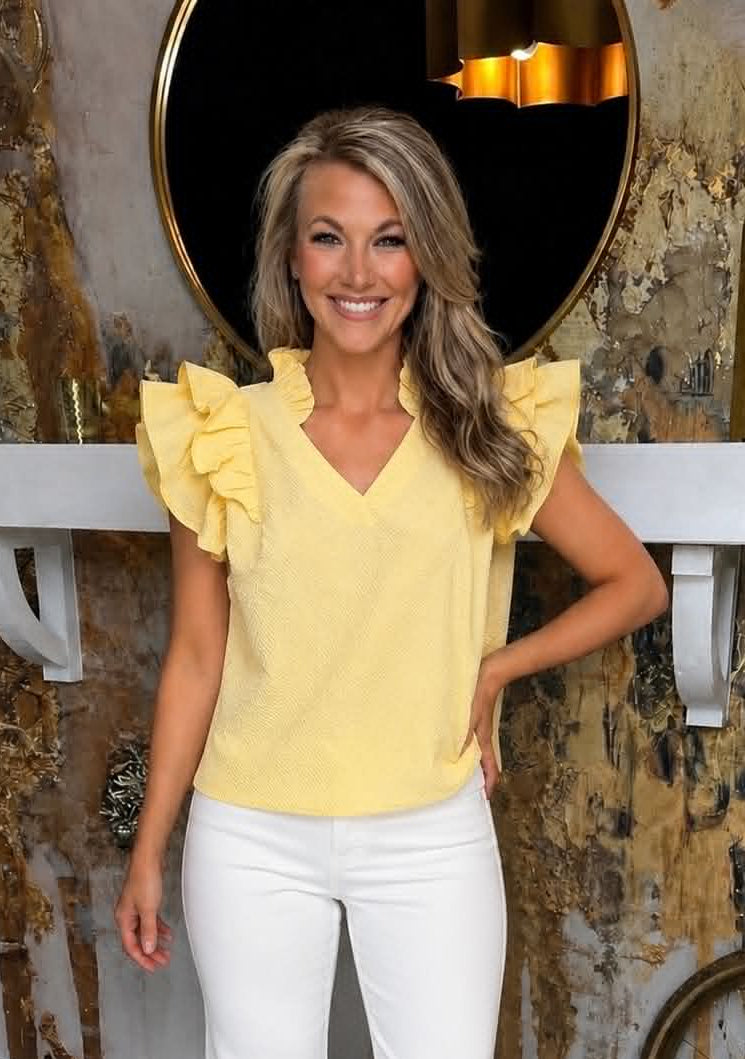 Lemon Textured Ruffle Sleeve V-Neck Blouse