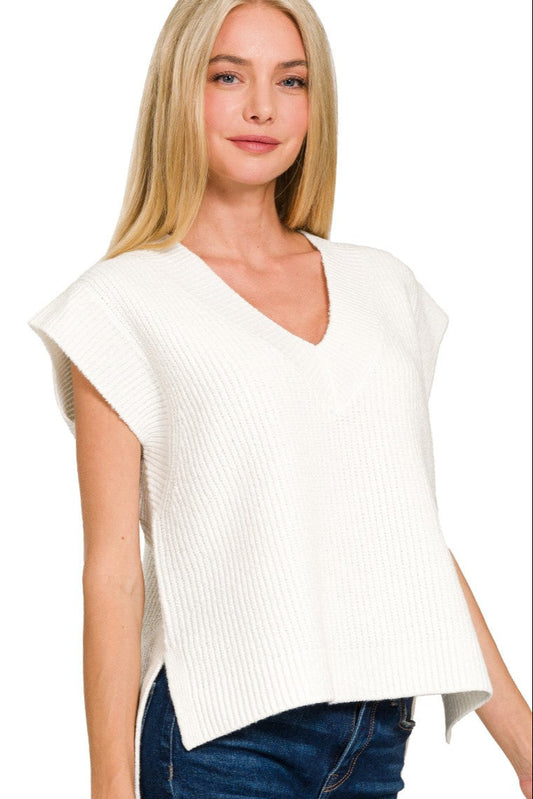 Ivory Oversize Sweater Vest With Side Slit