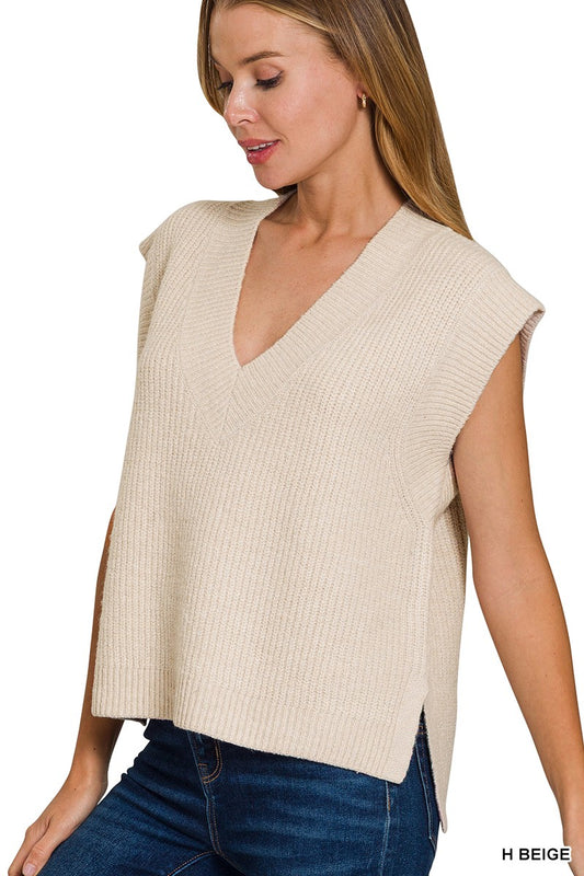 Beige Oversize Sweater Vest With Side Slit