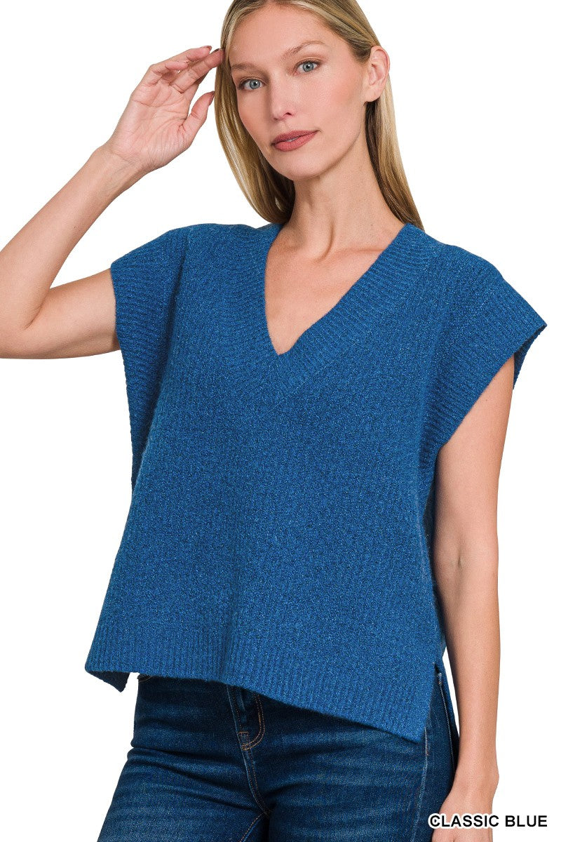 Classic Blue Oversize Sweater Vest With Side Slit
