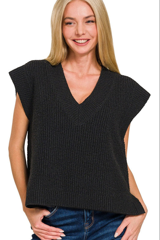 Black Oversize Sweater Vest With Side Slit