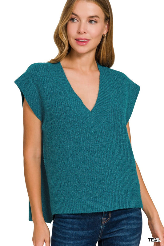 Teal Oversize Sweater Vest With Side Slit