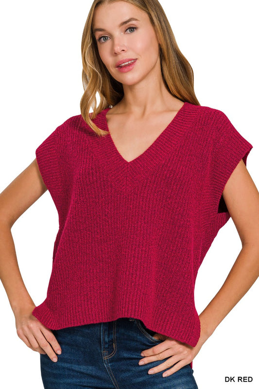 Dark Red Oversize Sweater Vest With Side Slit