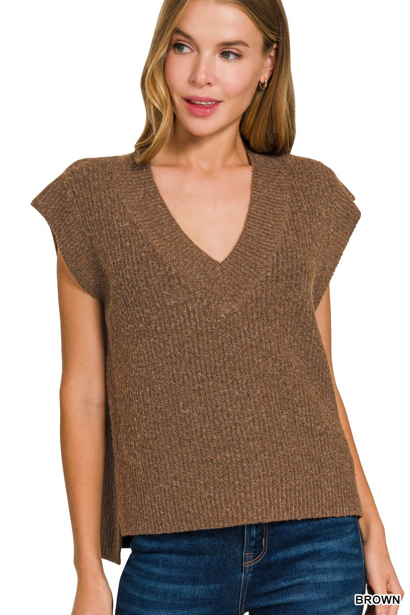 Brown Oversize Sweater Vest With Side Slit