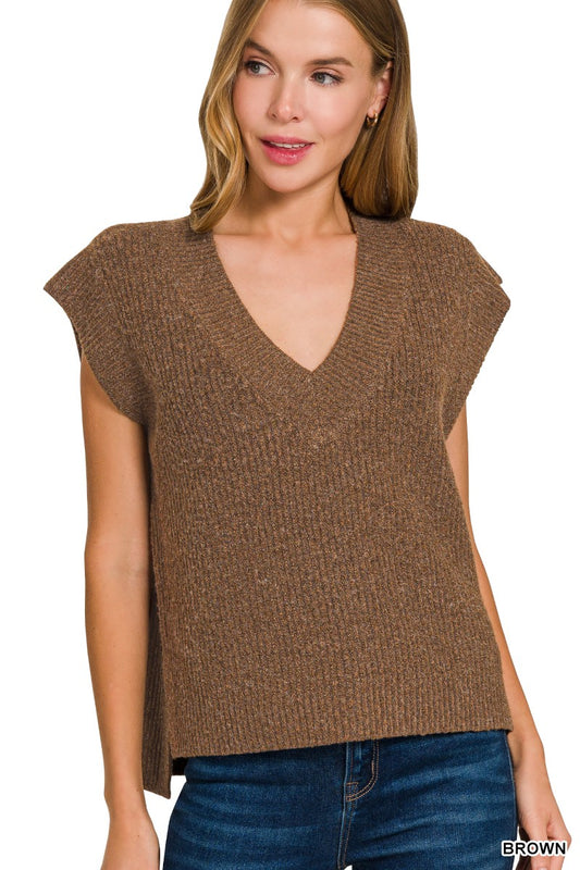 Brown Oversize Sweater Vest With Side Slit