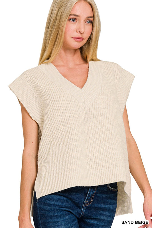 Sand Beige Oversize Sweater Vest With Side Slit