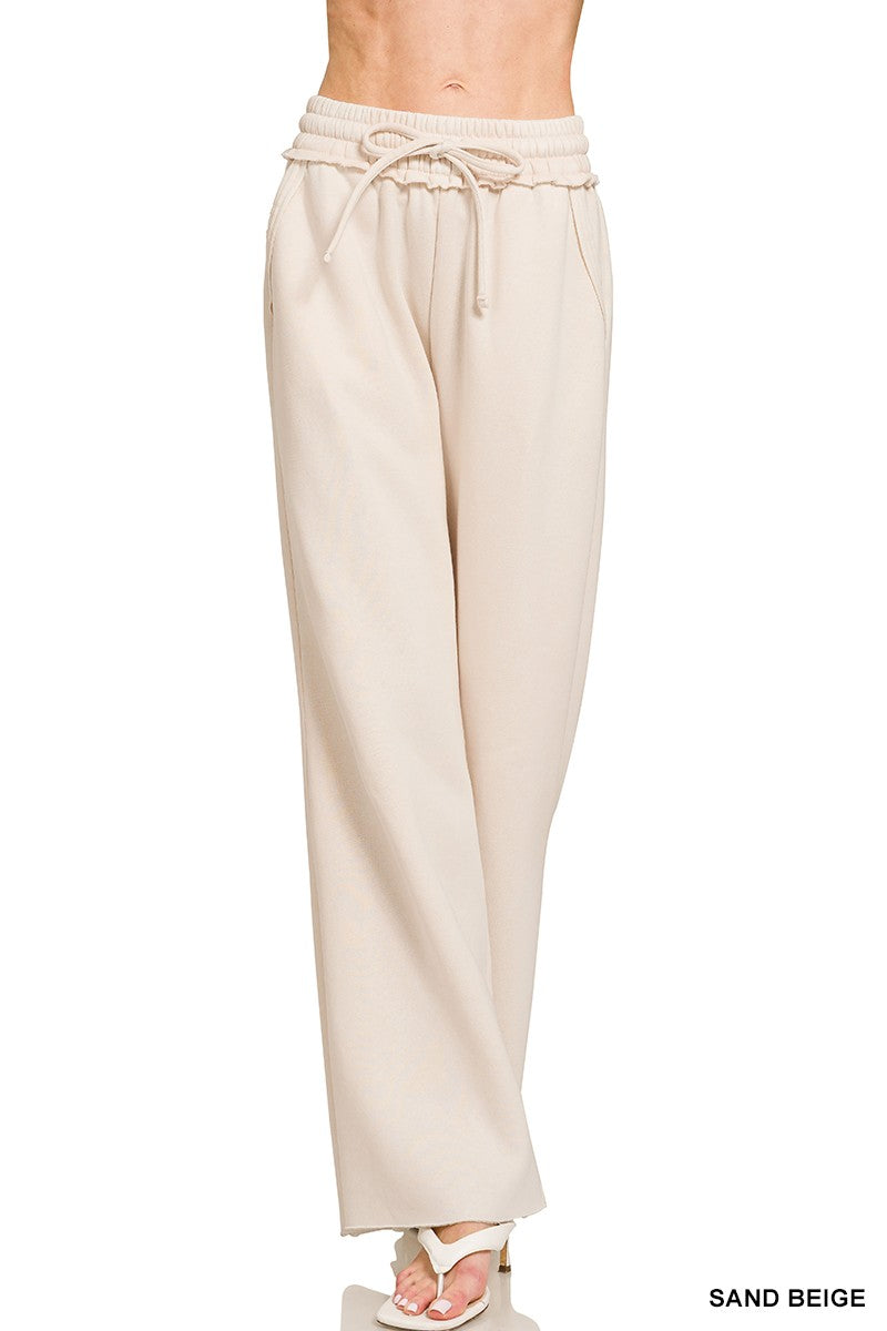 Sand Beige Acid Wash Fleece Palazzo Sweatpants With Pockets