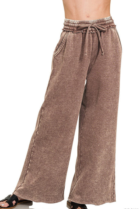 BROWN ACID WASH FLEECE PALAZZO SWEATPANTS WITH POCKETS