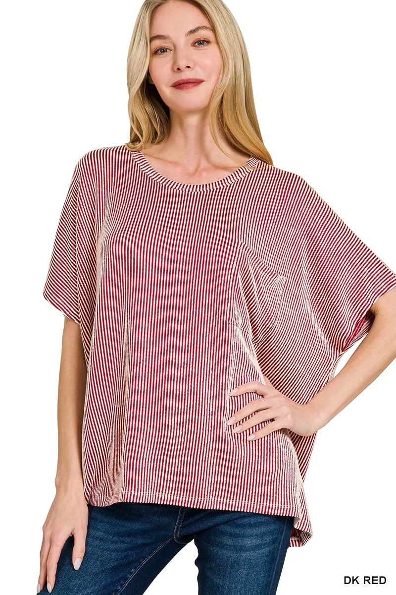 Dark Red Corded Rib Oversized Short Sleeve Top