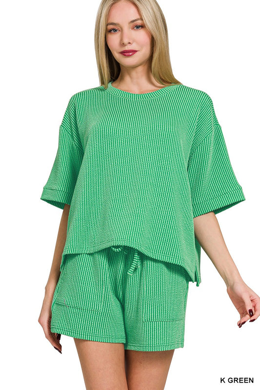 Kelly Green Raised Rib Short Sleeve Tee & Short Pants Set