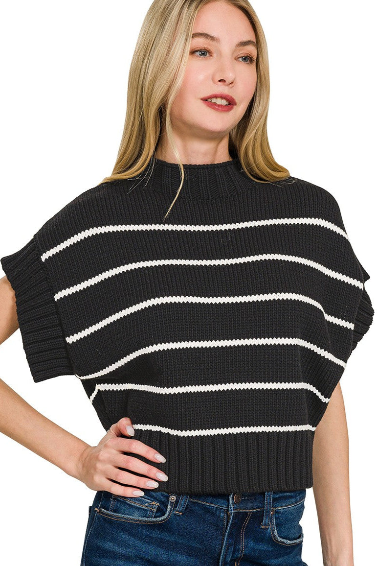 Black Striped Cropped Mock Neck Sweater