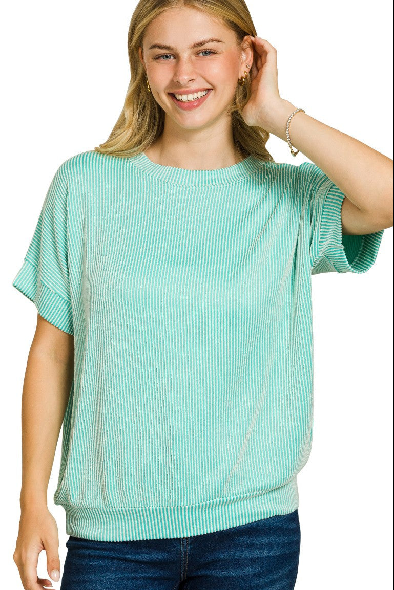 Mint Corded Rib Short Sleeve Top