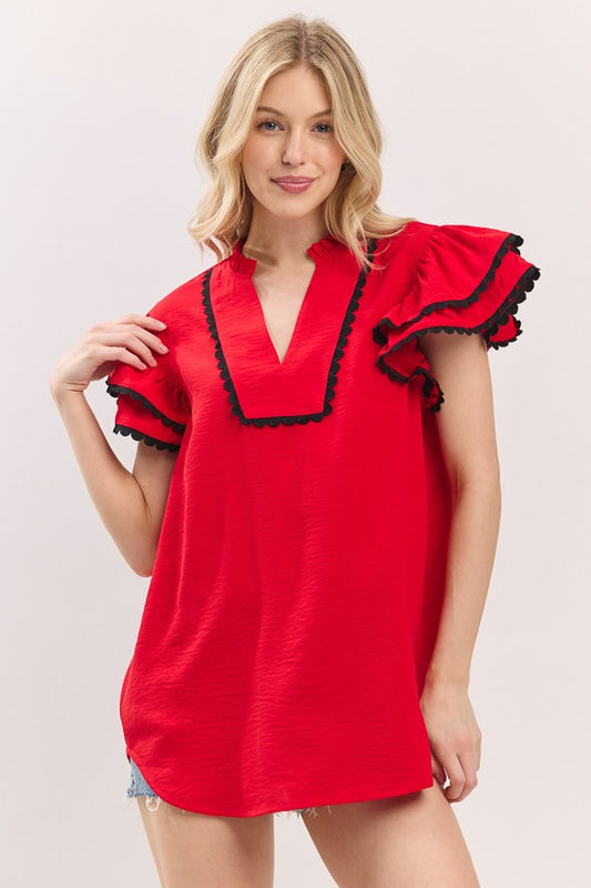 Red & Black Game Day Ruffle Sleeve Scallop Trim Top