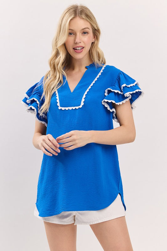 Blue & White Game Day Ruffle Sleeve Scallop Trim Top