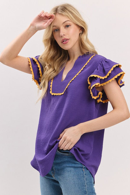 Purple Game Day Ruffle Sleeve Scallop Trim Top